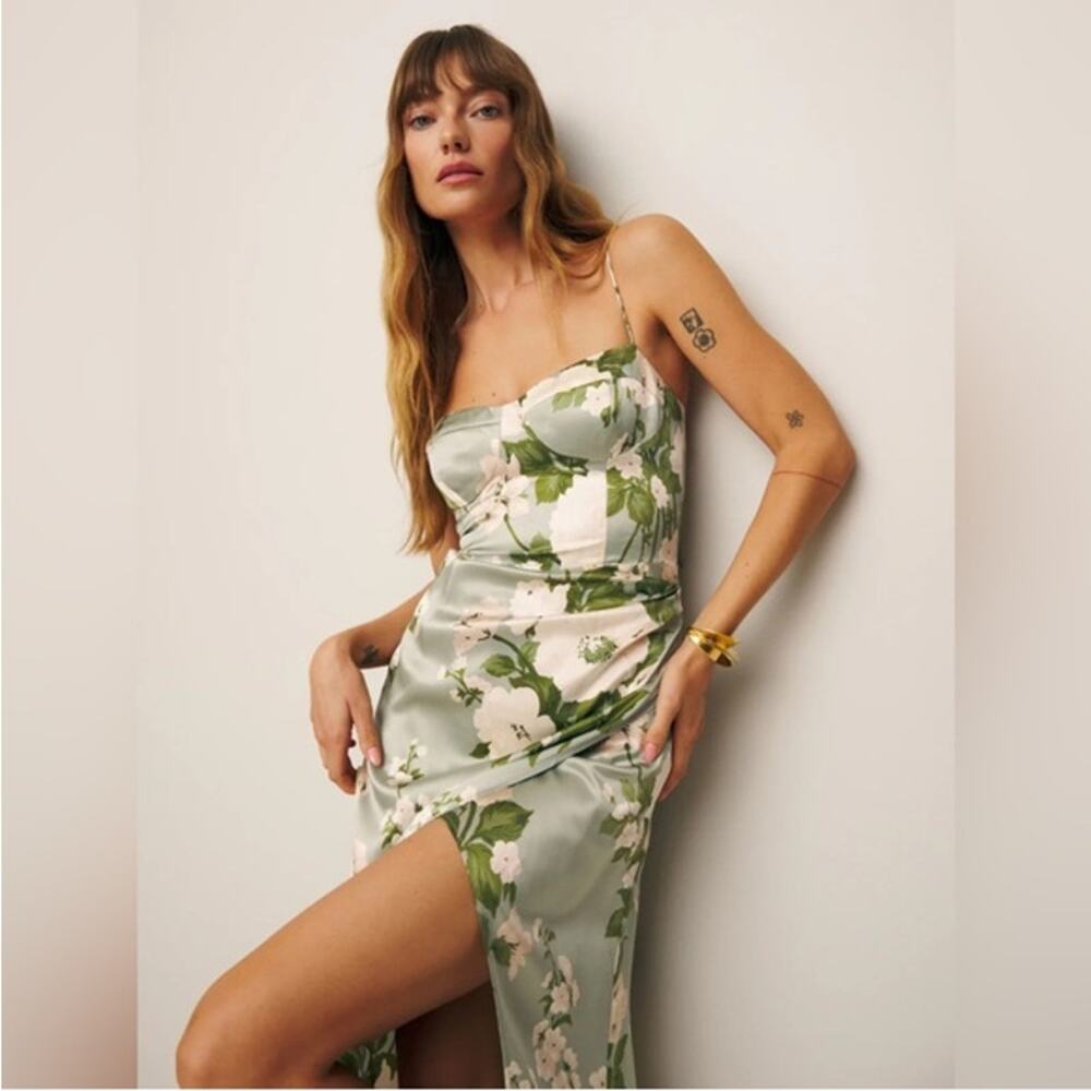 NWOT Reformation Marguerite Silk Wrap Dress Tarragon Floral Sleeveless Green 4